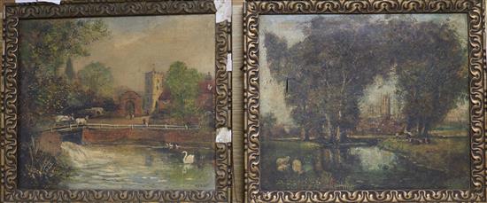 S J Nash, pair of oils on canvas, River landscapes with weir and cathedral, one signed, 30 x 35cm